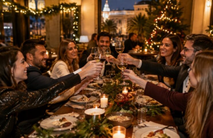 Compañeros de trabajo brindando en una cena de empresa de Navidad en un restaurante