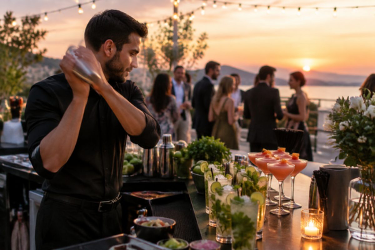 Bartender agitando un cóctel en una barra de cócteles al aire libre durante un evento
