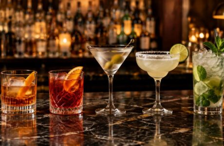 Old Fashioned, Negroni, Dry Martini, Margarita y Mojito sobre la barra de un bar de cócteles