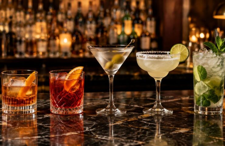 Old Fashioned, Negroni, Dry Martini, Margarita y Mojito sobre la barra de un bar de cócteles