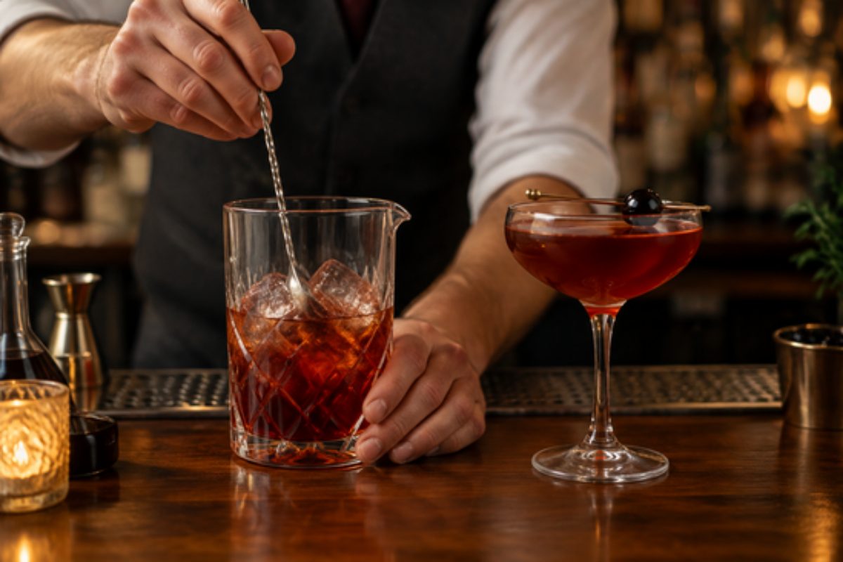 Bartender removiendo un Negroni en vaso mezclador junto a un Manhattan en copa